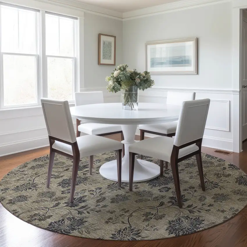 8' Brown Beige And Chocolate Round Floral Washable Indoor Outdoor Area Rug Photo 7