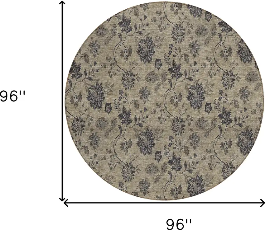8' Brown Beige And Chocolate Round Floral Washable Indoor Outdoor Area Rug Photo 3