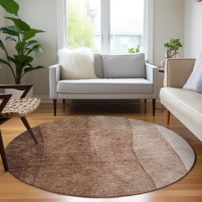 8' Brown Beige And Chocolate Round Ombre Washable Indoor Outdoor Area Rug Photo 6