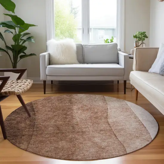 8' Brown Beige And Chocolate Round Ombre Washable Indoor Outdoor Area Rug Photo 6