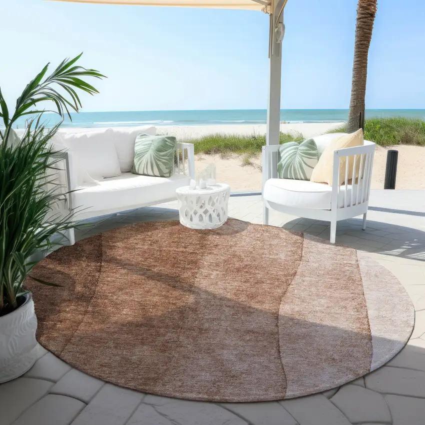 8' Brown Beige And Chocolate Round Ombre Washable Indoor Outdoor Area Rug Photo 5