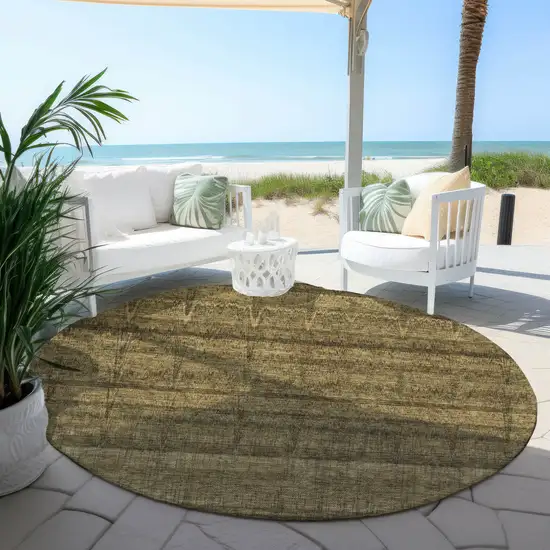 8' Brown Beige And Chocolate Round Striped Washable Indoor Outdoor Area Rug Photo 5