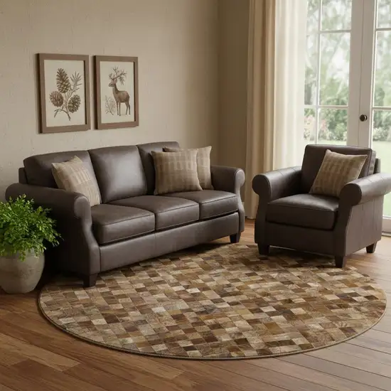 8' Brown Beige And Coffee Geometric Washable Round Rug With UV Protection Photo 1