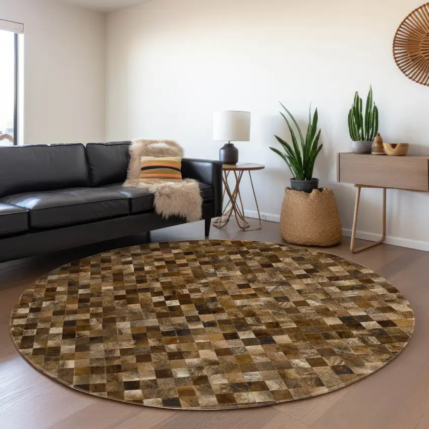 8' Brown Beige And Coffee Geometric Washable Round Rug With UV Protection Photo 6