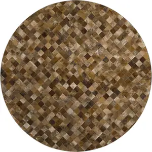 Photo of 8' Brown Beige And Coffee Geometric Washable Round Rug With UV Protection