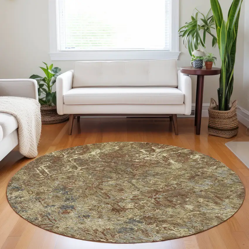 8' Brown Beige And Copper Diamond Washable Round Rug With UV Protection Photo 5