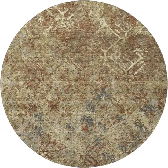 8' Brown Beige And Copper Diamond Washable Round Rug With UV Protection Photo 4