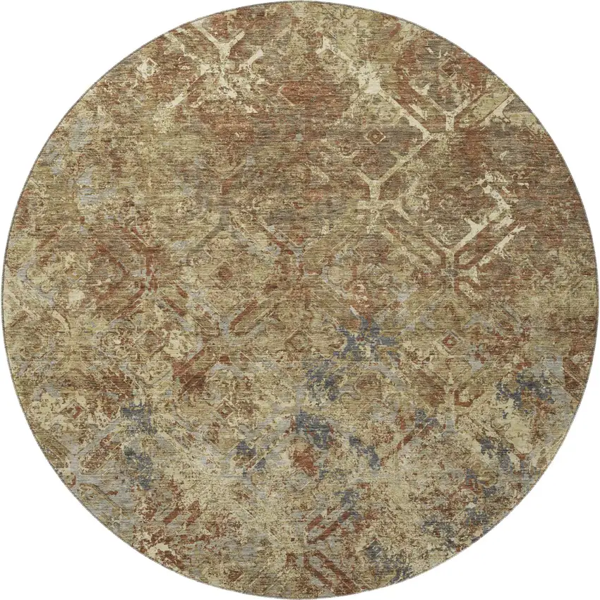 8' Brown Beige And Copper Diamond Washable Round Rug With UV Protection Photo 4
