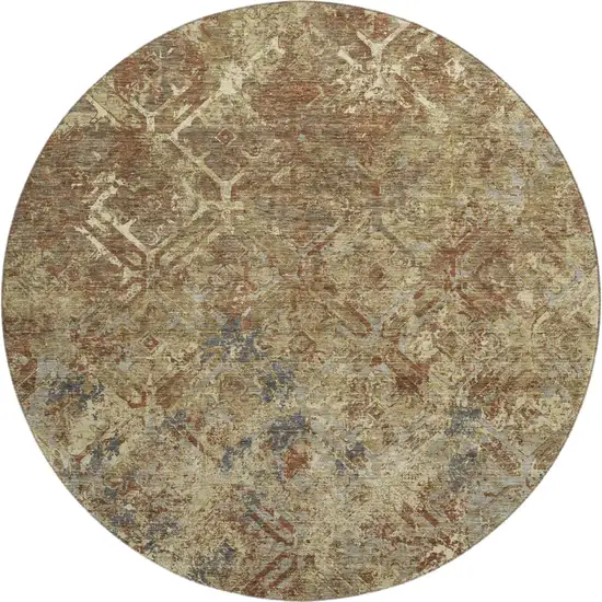 8' Brown Beige And Copper Diamond Washable Round Rug With UV Protection Photo 1