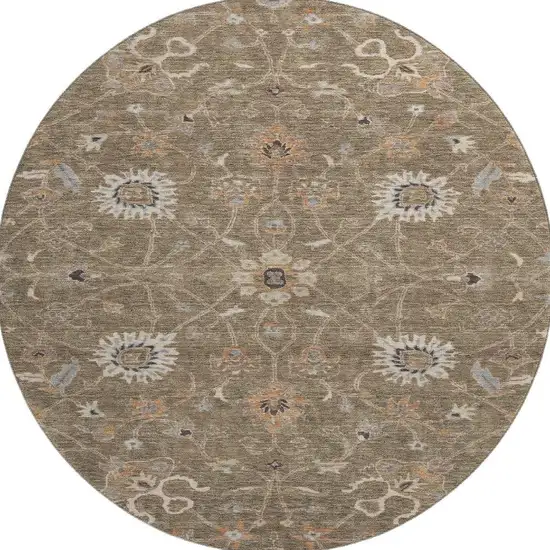 8' Brown Beige And Copper Floral Washable Round Rug With UV Protection Photo 3