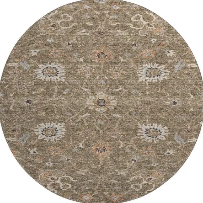 8' Brown Beige And Copper Floral Washable Round Rug With UV Protection Photo 3