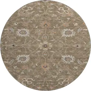 Photo of 8' Brown Beige And Copper Floral Washable Round Rug With UV Protection