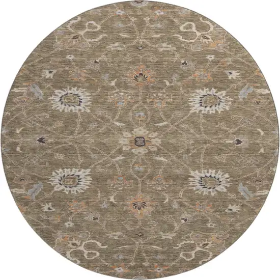 8' Brown Beige And Copper Floral Washable Round Rug With UV Protection Photo 1