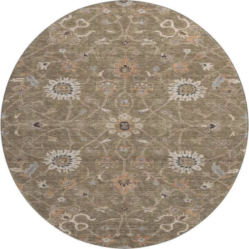 8' Brown Beige And Copper Floral Washable Round Rug With UV Protection Photo 1