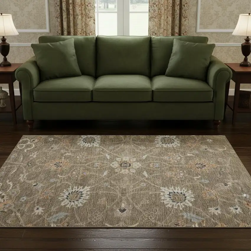 8' Brown Beige And Copper Floral Washable Round Rug With UV Protection Photo 2