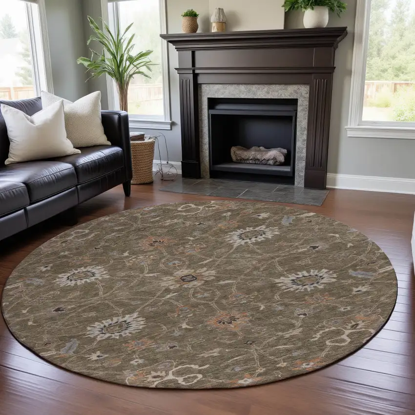 8' Brown Beige And Copper Floral Washable Round Rug With UV Protection Photo 4