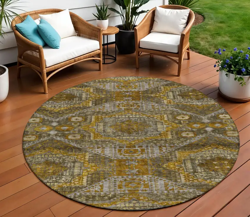 8' Brown Beige And Copper Round Moroccan Washable Indoor Outdoor Area Rug Photo 2
