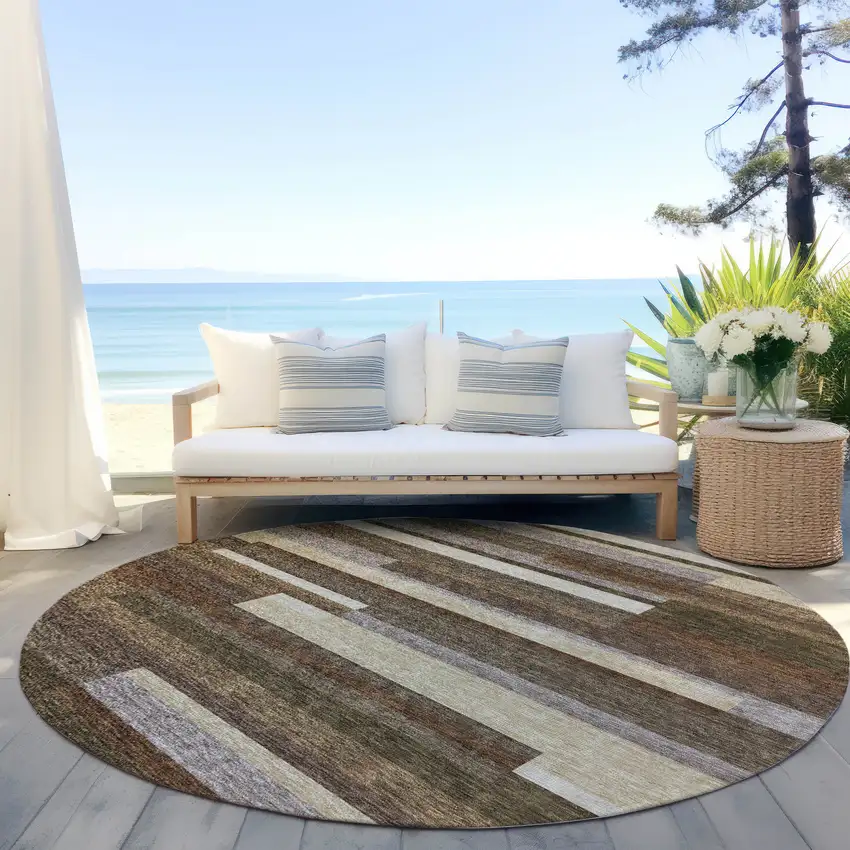 8' Brown Beige And Copper Round Striped Washable Indoor Outdoor Area Rug Photo 6