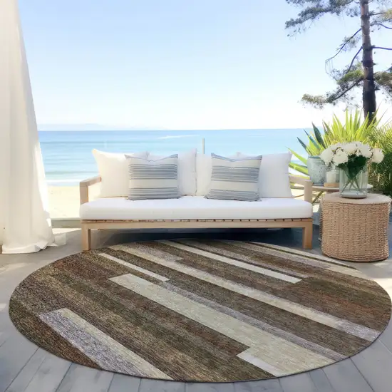 8' Brown Beige And Copper Round Striped Washable Indoor Outdoor Area Rug Photo 6