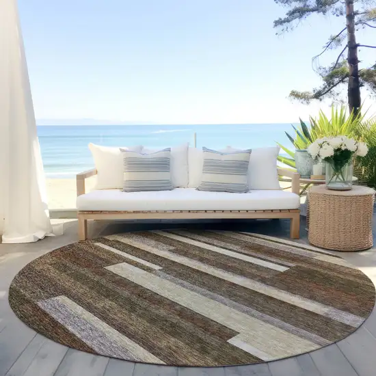8' Brown Beige And Copper Round Striped Washable Indoor Outdoor Area Rug Photo 6