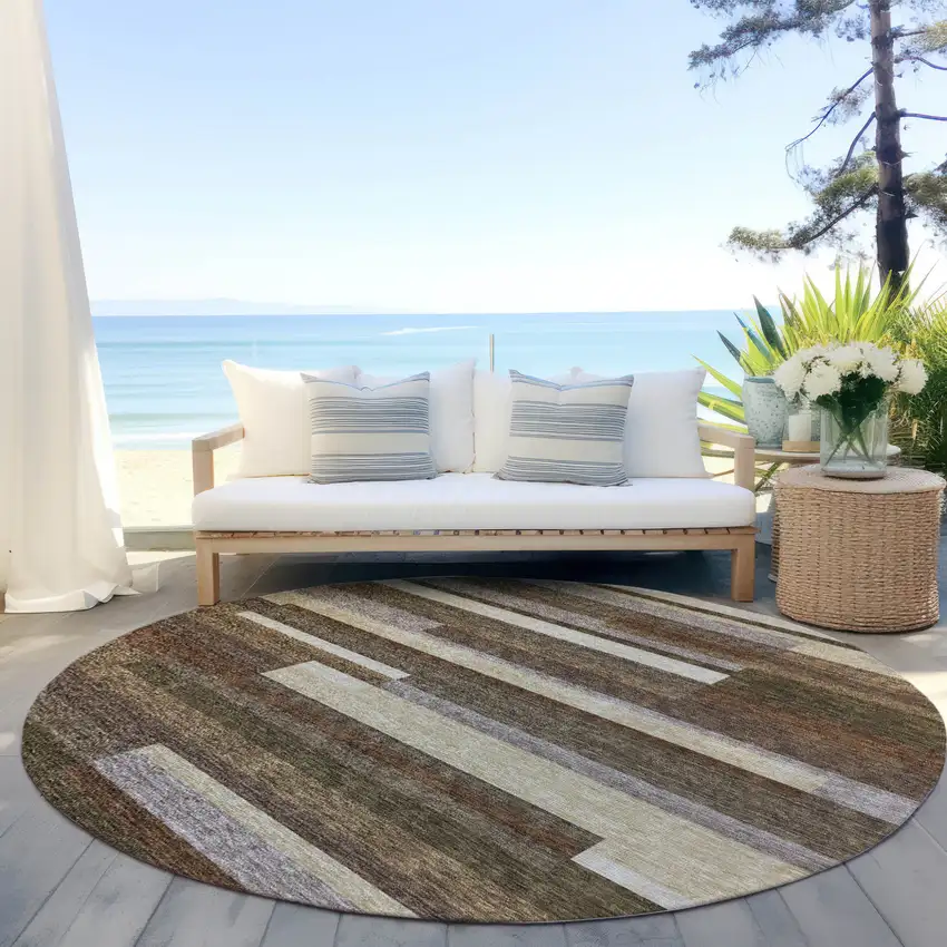 8' Brown Beige And Copper Round Striped Washable Indoor Outdoor Area Rug Photo 6