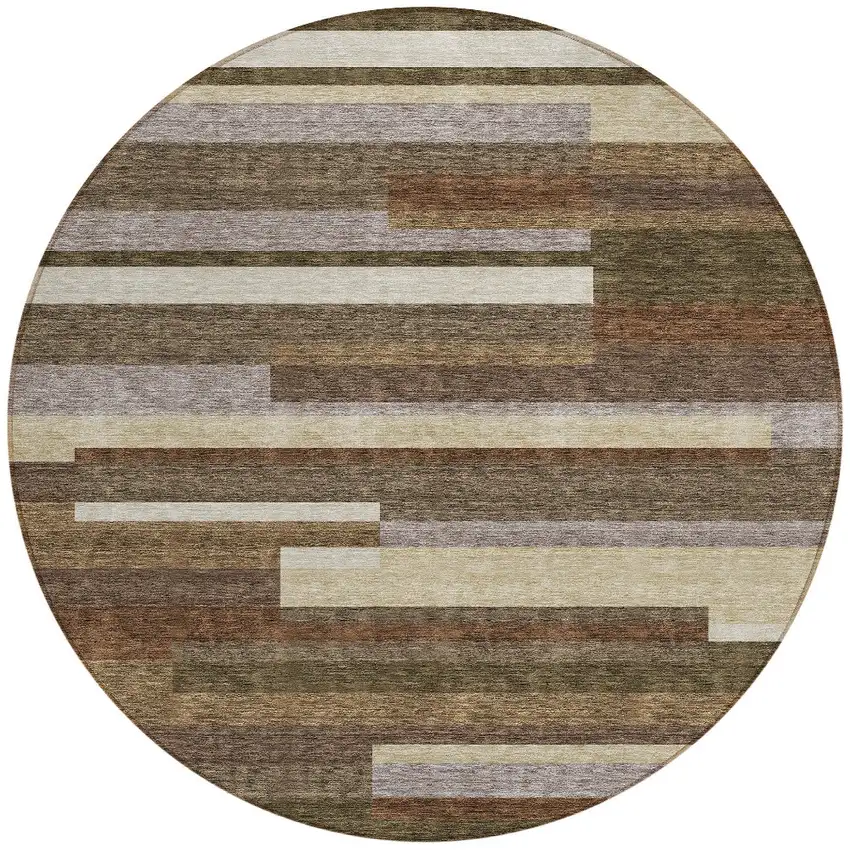 8' Brown Beige And Copper Round Striped Washable Indoor Outdoor Area Rug Photo 4