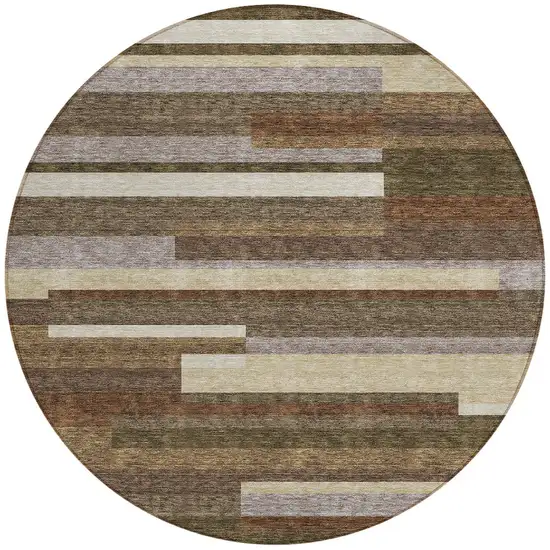 8' Brown Beige And Copper Round Striped Washable Indoor Outdoor Area Rug Photo 4