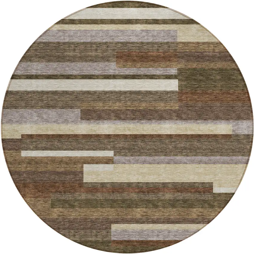 8' Brown Beige And Copper Round Striped Washable Indoor Outdoor Area Rug Photo 1