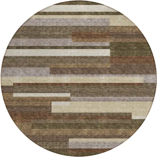 8' Brown Beige And Copper Round Striped Washable Indoor Outdoor Area Rug Photo 1