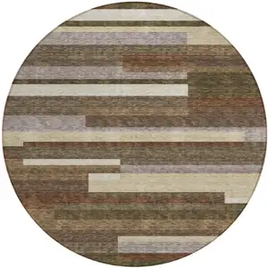 Photo of 8' Brown Beige And Copper Round Striped Washable Indoor Outdoor Area Rug