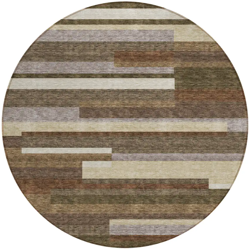 8' Brown Beige And Copper Round Striped Washable Indoor Outdoor Area Rug Photo 1