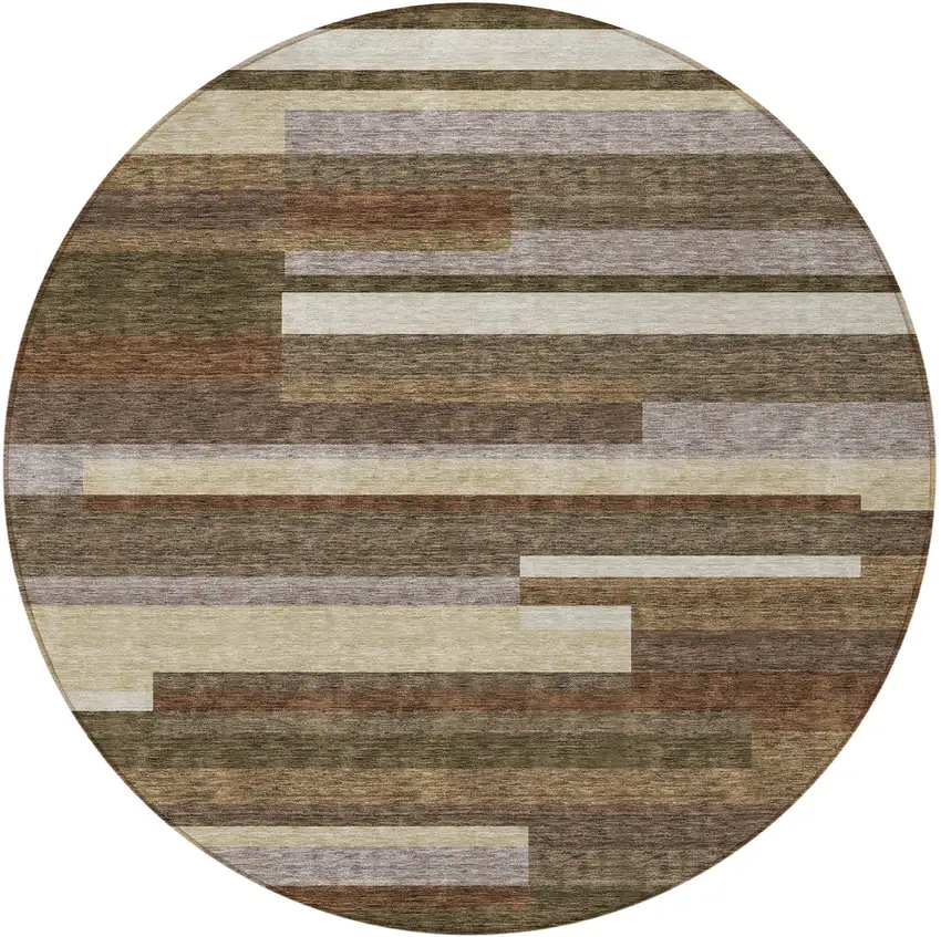 8' Brown Beige And Copper Round Striped Washable Indoor Outdoor Area Rug Photo 5