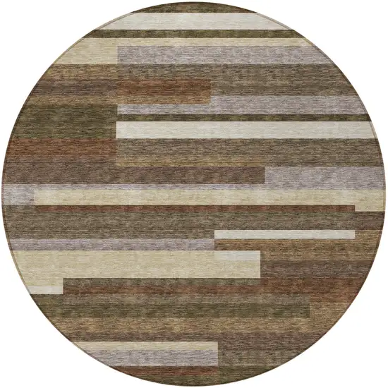 8' Brown Beige And Copper Round Striped Washable Indoor Outdoor Area Rug Photo 5