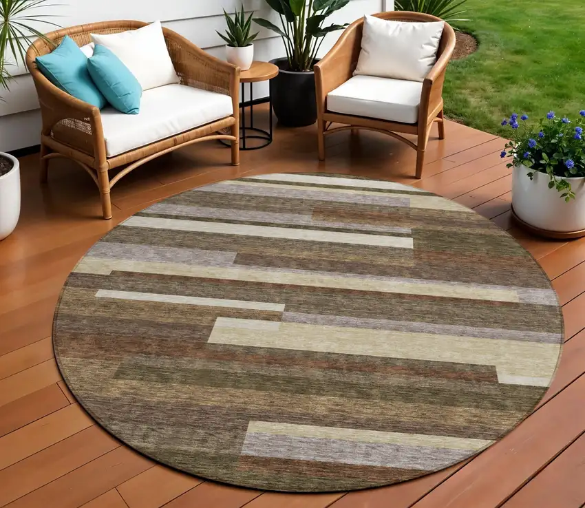 8' Brown Beige And Copper Round Striped Washable Indoor Outdoor Area Rug Photo 1