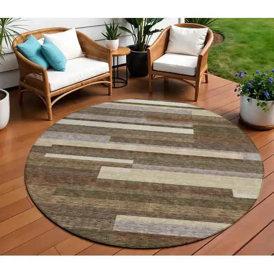 8' Brown Beige And Copper Round Striped Washable Indoor Outdoor Area Rug Photo 1