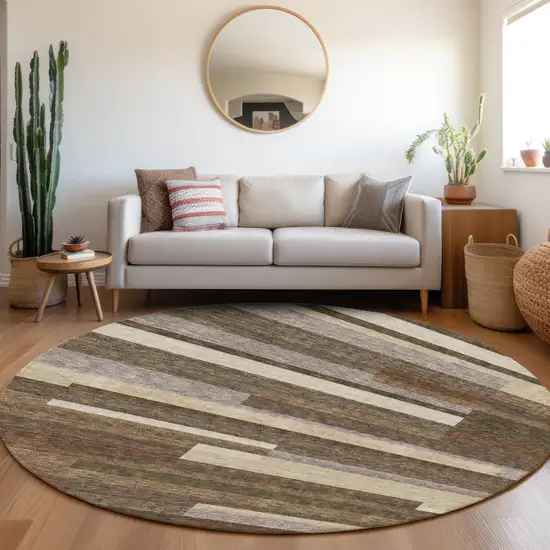 8' Brown Beige And Copper Round Striped Washable Indoor Outdoor Area Rug Photo 7