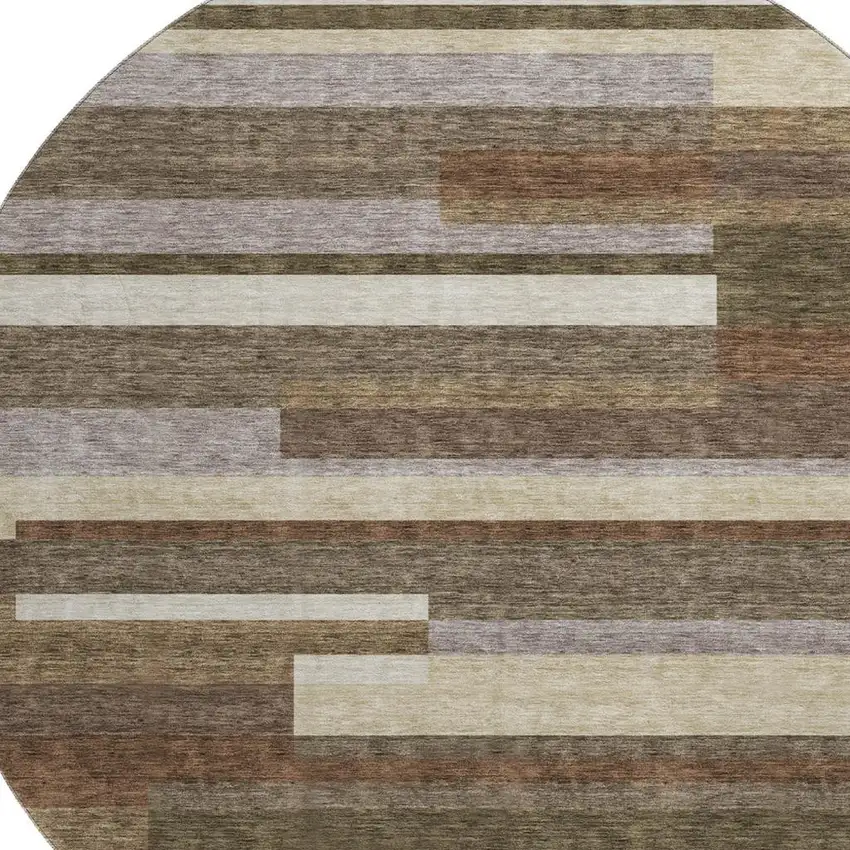 8' Brown Beige And Copper Striped Washable Round Rug With UV Protection Photo 3