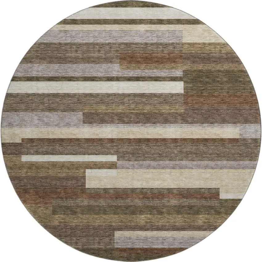 8' Brown Beige And Copper Striped Washable Round Rug With UV Protection Photo 1