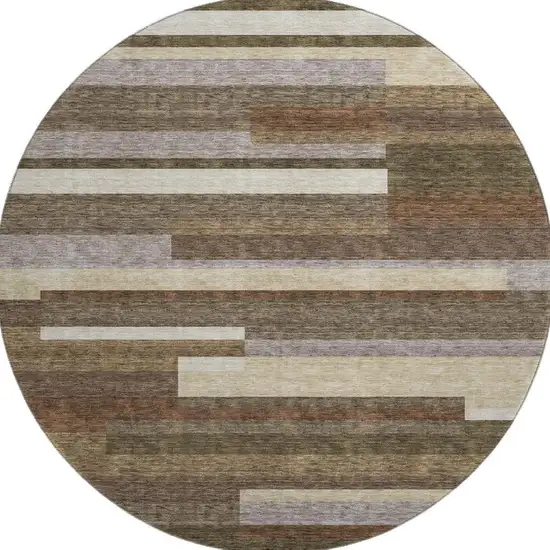8' Brown Beige And Copper Striped Washable Round Rug With UV Protection Photo 4