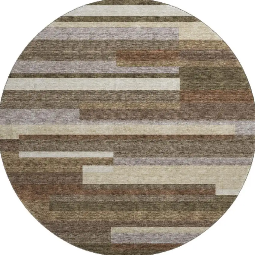 8' Brown Beige And Copper Striped Washable Round Rug With UV Protection Photo 4