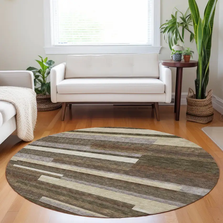 8' Brown Beige And Copper Striped Washable Round Rug With UV Protection Photo 5