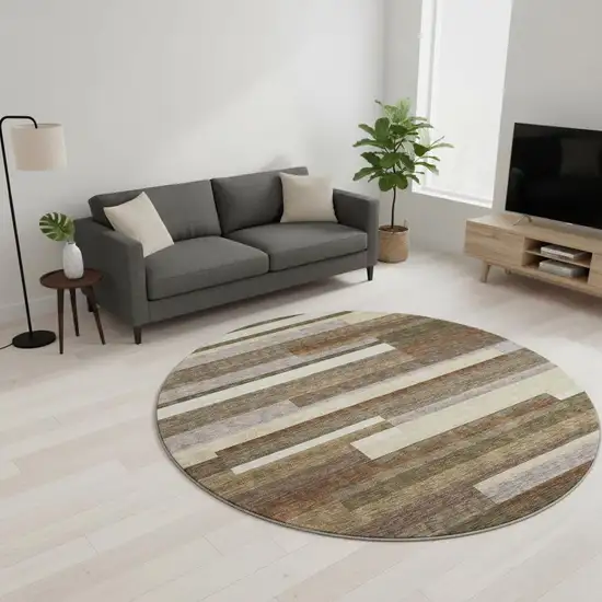 8' Brown Beige And Copper Striped Washable Round Rug With UV Protection Photo 2