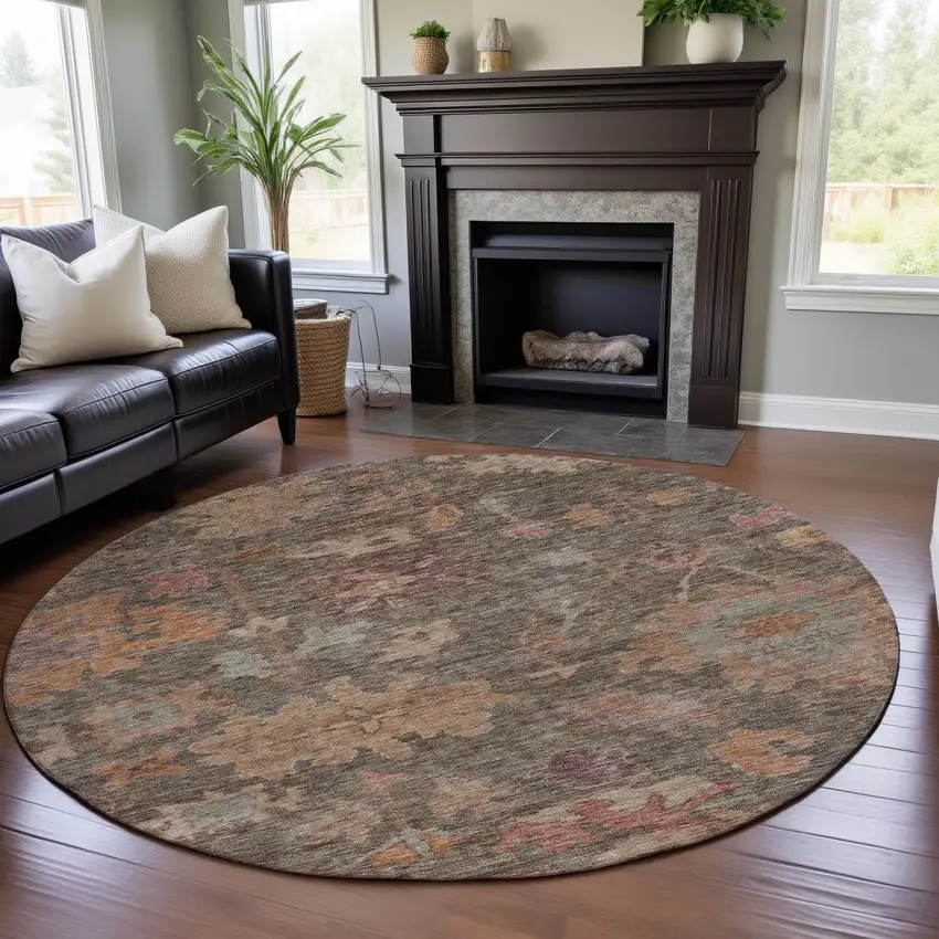 8' Brown Beige And Coral Floral Washable Round Rug With UV Protection Photo 4