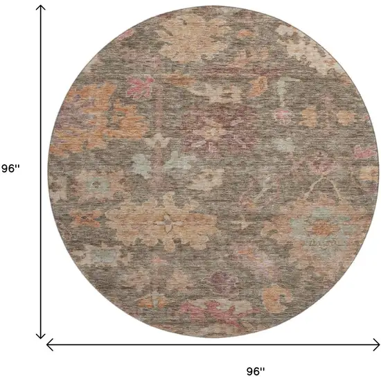 8' Brown Beige And Coral Floral Washable Round Rug With UV Protection Photo 9