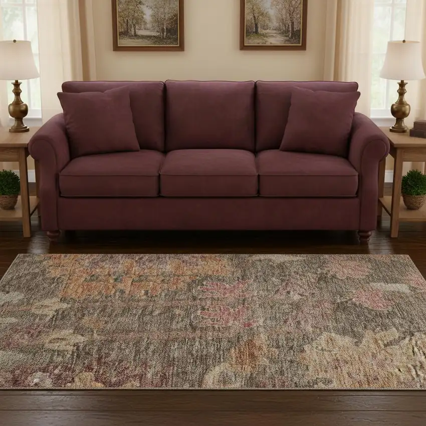 8' Brown Beige And Coral Floral Washable Round Rug With UV Protection Photo 2