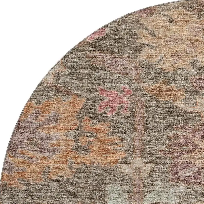 8' Brown Beige And Coral Floral Washable Round Rug With UV Protection Photo 2
