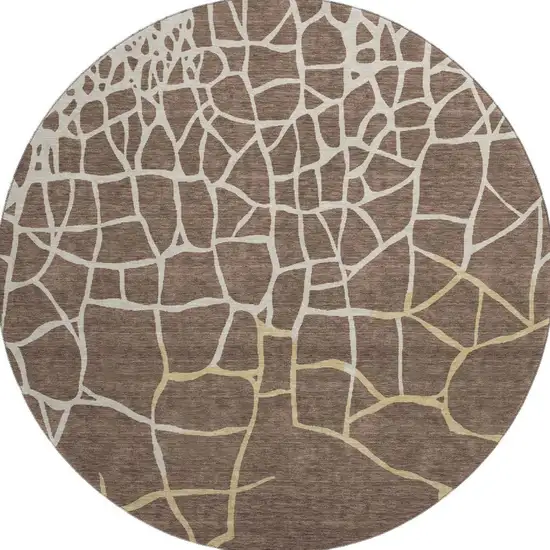 8' Brown Beige And Gold Abstract Geometric Washable Round Rug With UV Protection Photo 3