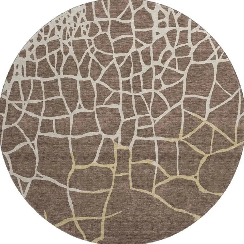 8' Brown Beige And Gold Abstract Geometric Washable Round Rug With UV Protection Photo 3