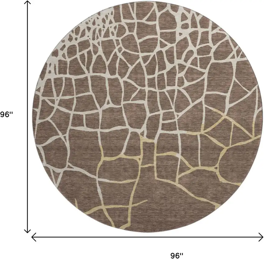 8' Brown Beige And Gold Abstract Geometric Washable Round Rug With UV Protection Photo 9