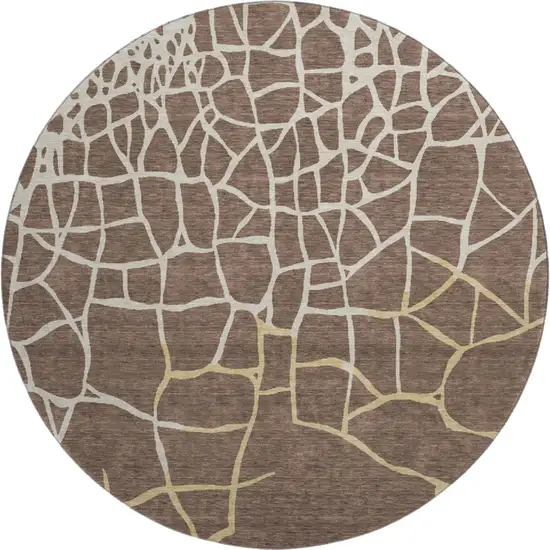 8' Brown Beige And Gold Abstract Geometric Washable Round Rug With UV Protection Photo 1